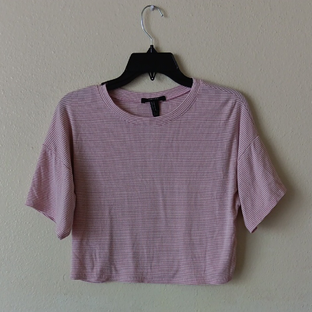 Forever 21 Pink & White Striped Short Sleeve Crop Top